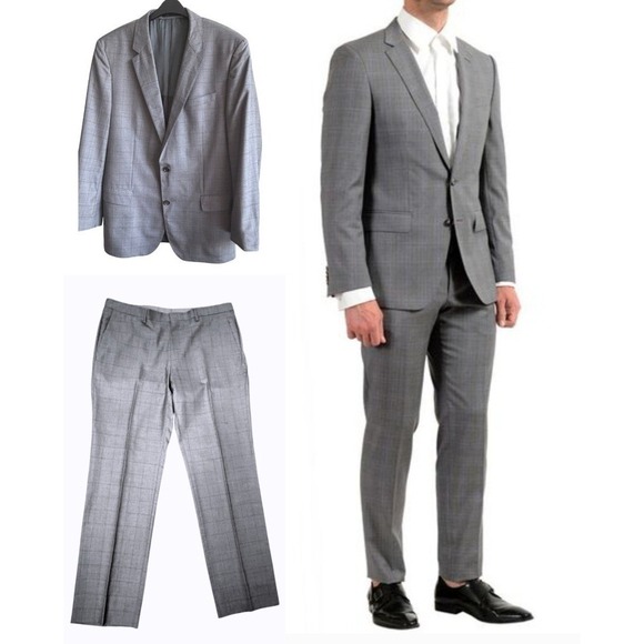 Hugo Boss Huge/Genius Slim Grey Windowpane Two Piece Suit wool silk blend 46L
